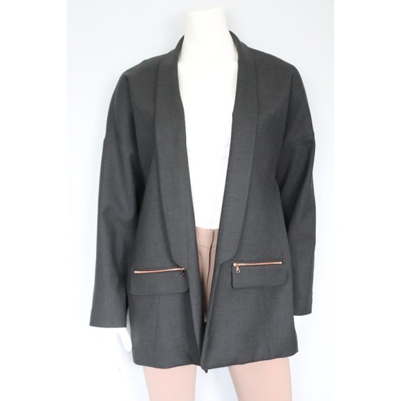 Kit and Ace Women Size Medium Gray Blazer Wool Zipper Pocket Lapel Boxy Jacket - Picture 1 of 9